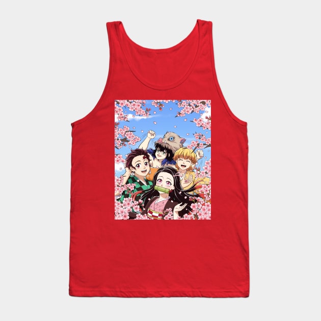 Nezuko, Tanjiro, Zenitsu and Inosuke under cherry blossom trees Tank Top by LuciaLemos